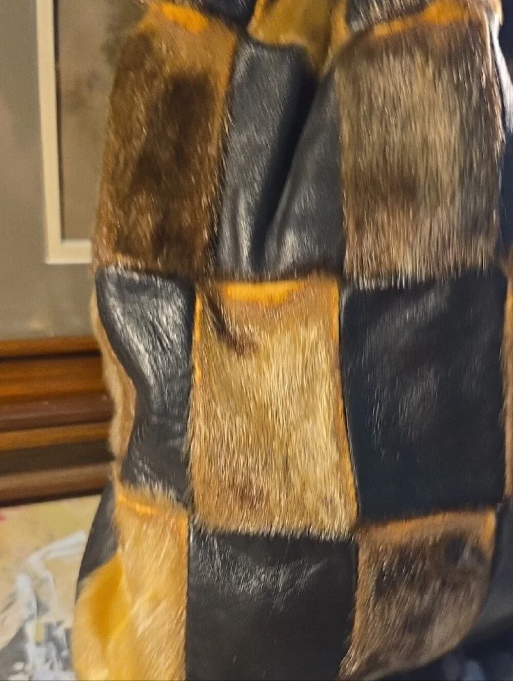 Authentic Seal! Patchwork Fur & Leather Drawstring Hobo Bag - Brown